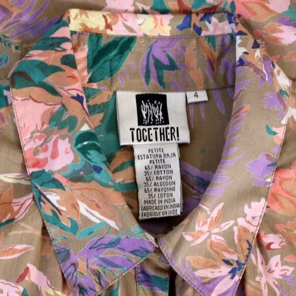 Vintage 1980s/1990s Tan Tropical Floral Belted Midi Dress Small/Medium - Picture 8 of 8